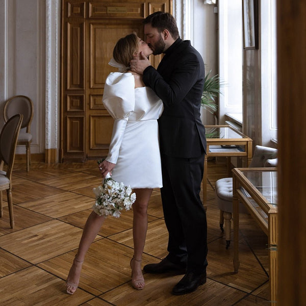 White Satin Short Wedding Dress with Puff Sleeves VK25100201