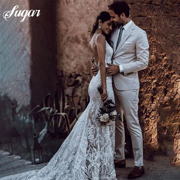Elegant Mermaid V Neck Lace Champagne Wedding Dresses with Appliques VK112122