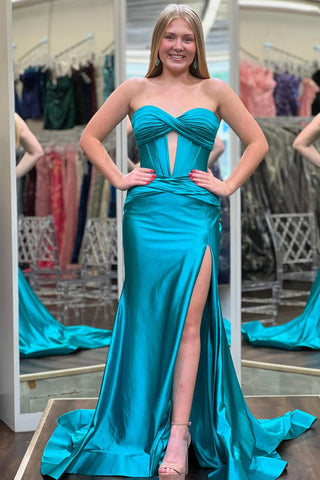 Mermaid Sweetheart Teal Satin Long Prom Dresses with Side Slit VK25101701
