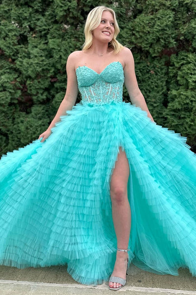 A-Line Yellow Appliques Sweetheart Ruffle Tiered Tulle Prom Dress VK23112112