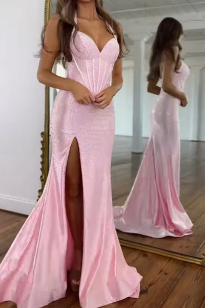 Mermaid Halter Pink Corset Beads Long Prom Dresses with Slit VK26020105