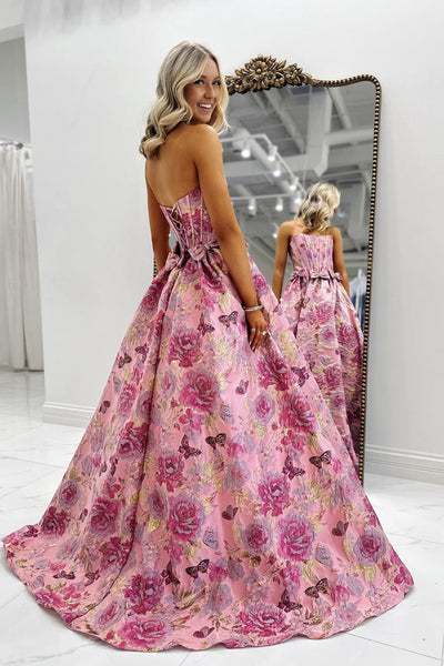 A-Line Strapless Jacquard Satin Long Prom Dresses with Bow VK26020902