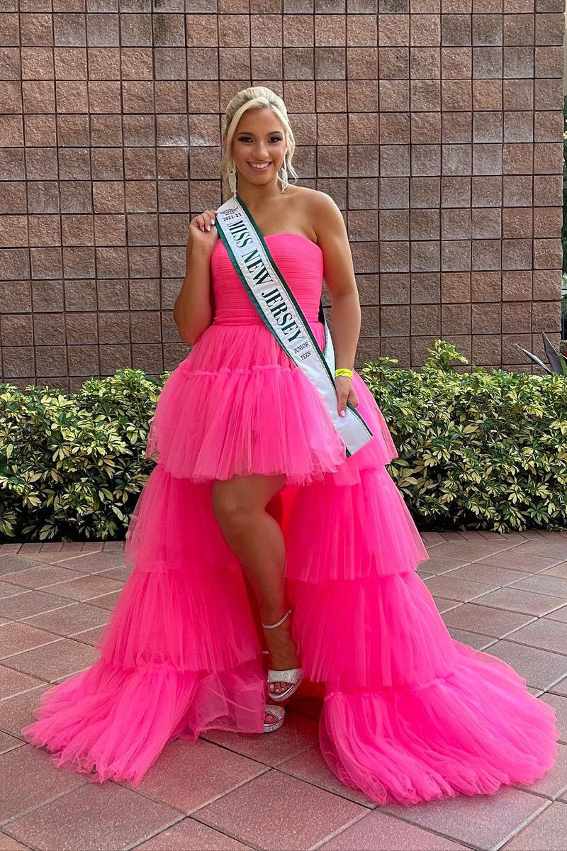 Cute Sweetheart Hot Pink Tulle High Low Prom Dresses Pageant Dresses VK23072005
