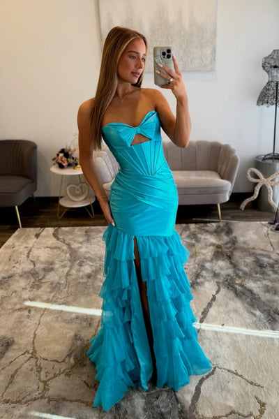 Cute Sheath Sweetheart Blue Tiered Long Prom Dress with Slit VK16020302