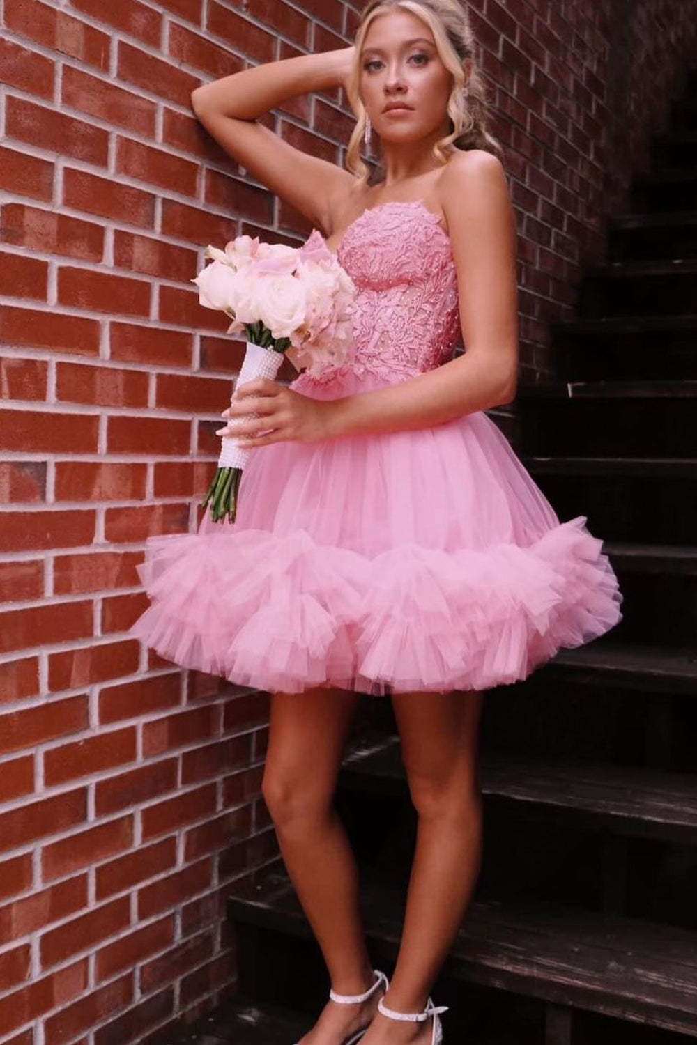 Cute A Line Sweetheart Pink Tulle Short Homecoming Dresses VK24100204