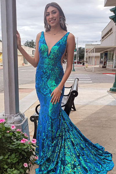 V Neck Blue Sequin Lace Mermaid Long Prom Dress VK23102310
