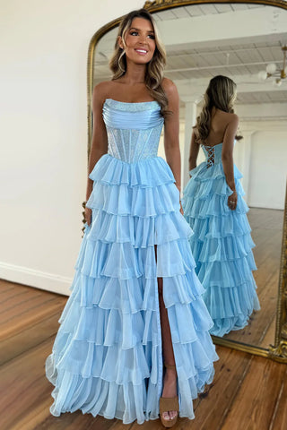 Gorgeous A Line Strapless Daffodial Tiered Chiffon Prom Evening Dresses with Hot Stone VK25052302