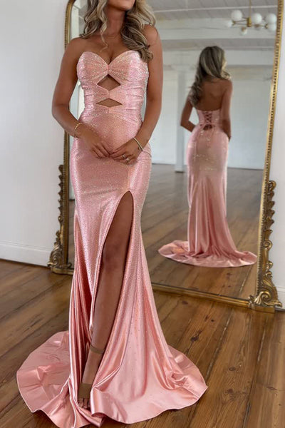Sparkly Mermaid Sweetheart Pink Hot FIx Satin Prom Dress with Slit VK16012904
