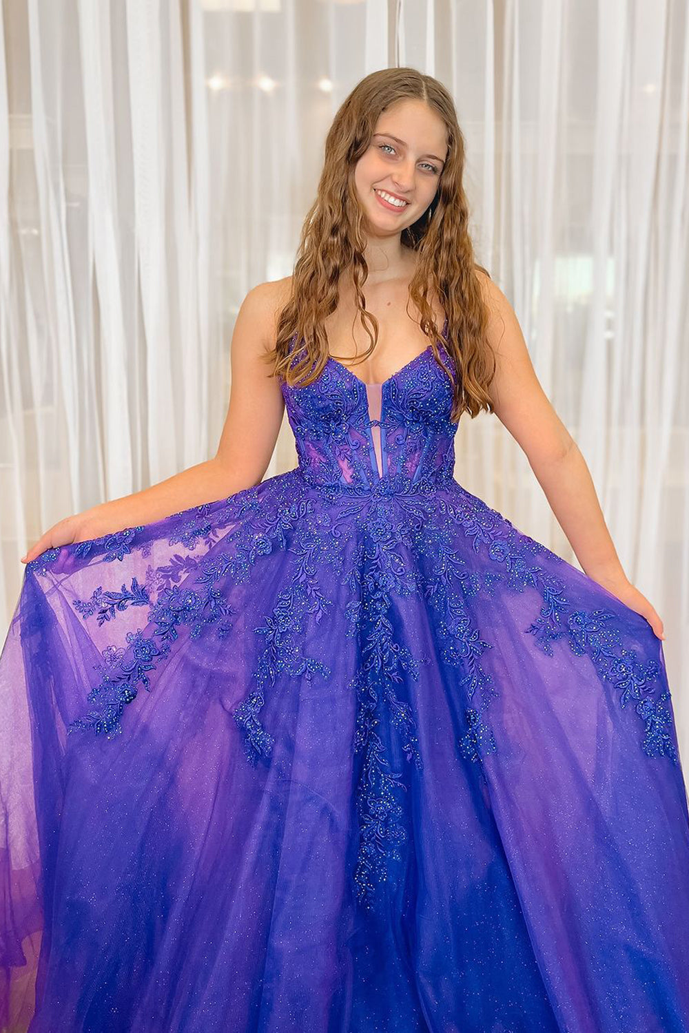 Fairy A Line V Neck Sparkly Tulle Long Prom Dress with Appliques