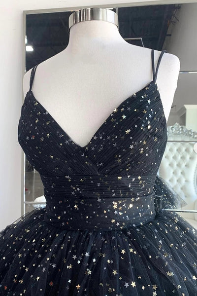 High Low Spaghetti Straps Black Long Prom Dress with Ruffles VK23101006