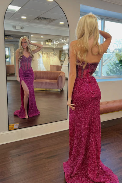 Sparkly Mermaid Strapless Corset Sequins Long Prom Dresses with Slit VK26020704