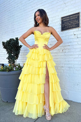 Cute A Line Sweetheart Yellow Chiffon Tiered Prom Dress with Slit VK25011504