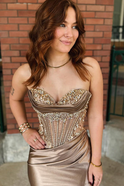 Charming Mermaid Sweetheart Silk Satin Slit Prom Dress with Beading VK102705