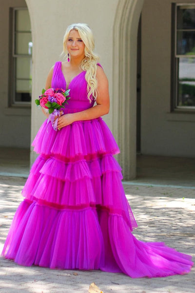 A-Line V Neck Tulle Tiered Prom Dresses VK23101603