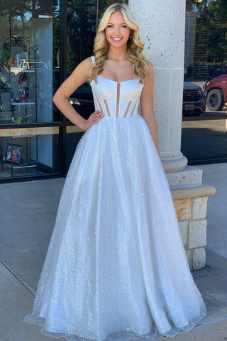 Square Neck White Sequin A-Line Prom Dress VK23113008