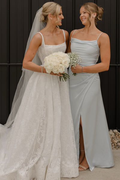Sheath Cowl Neck Dusty Blue Satin Long Bridesmaid Dresses with Slit VK26081303