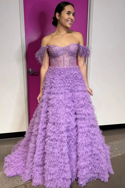 Princess A Line Off the Shoulder Purple Long Prom Dress with Feather VK23101611