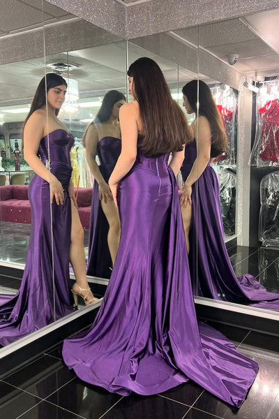 Grape Strapless Satin Mermaid Long Prom Dresses with Slit VK24030604
