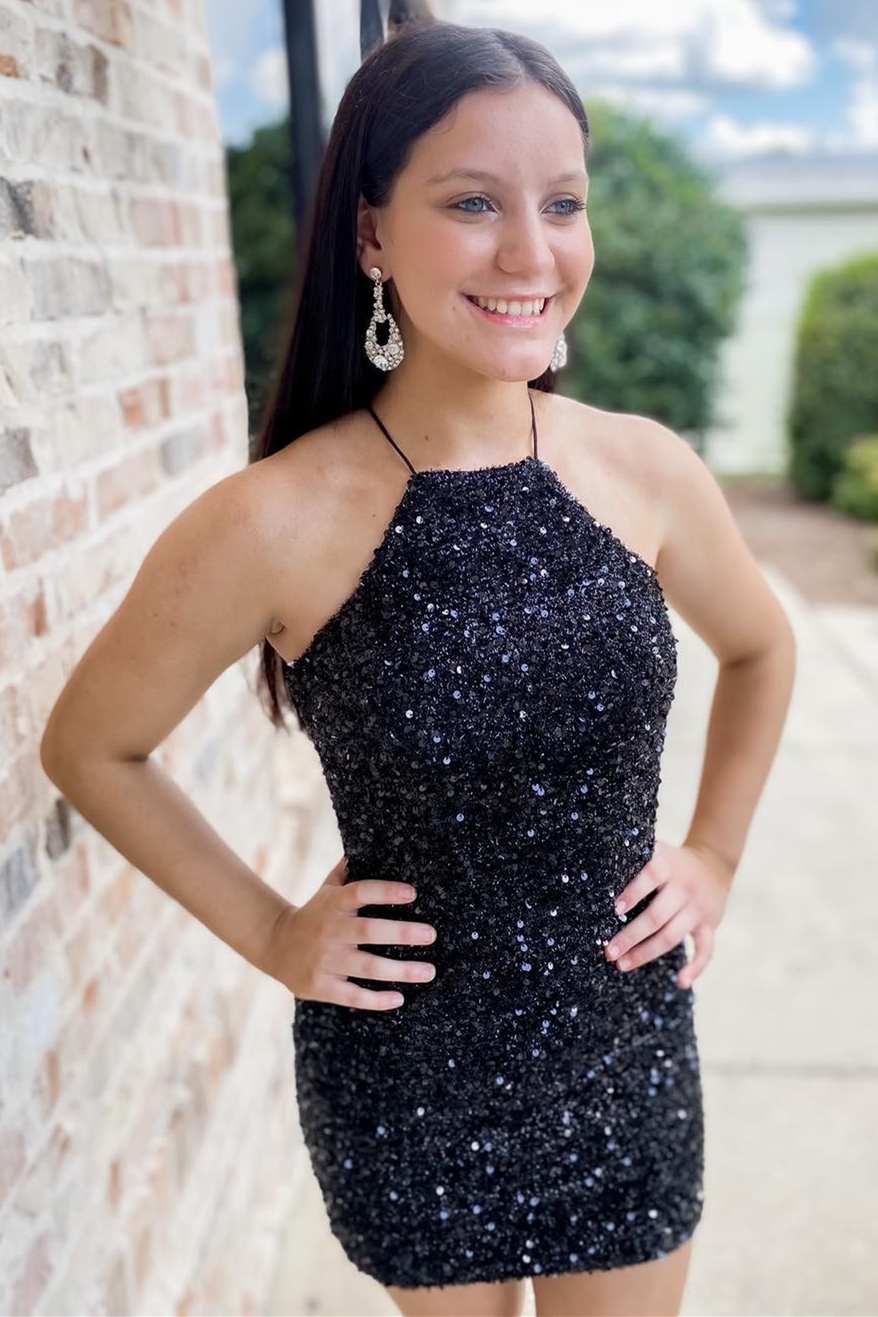 Black Sequin Halter Backless Short Homecoming Dress VK23092104