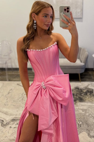 A-Line Strapless Hot Pink Satin Corset Long Prom Dresses with Bow VK26011106