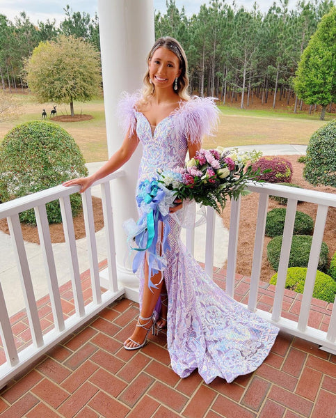 Cute Mermaid V Neck Lavender Sequins Long Prom Dresses with Ostrich Feather VK23061301