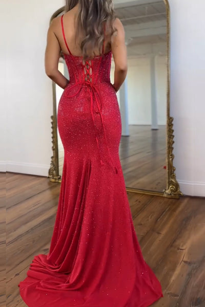Mermaid Spaghetti Straps Red Corset Beads Long Prom Dresses with Slit VK26020101