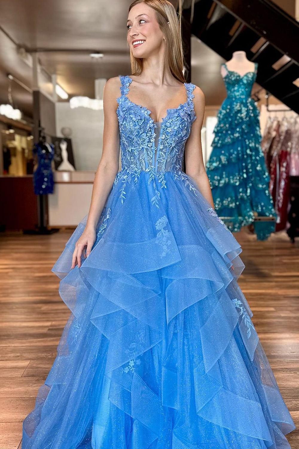 Cute V Neck Blue Sparkly Ruffled Tulle Prom Dress with Lace