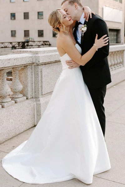 A-Line Strapless White Satin Wedding Dresses VK23122202