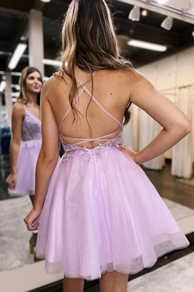 Glitter Lilac Corset A-Line Tulle Short Homecoming Dress with Lace VK23072901