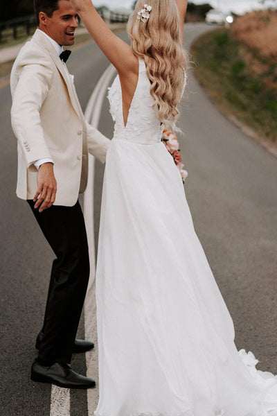 Elegant  A-Line V Neck White Chiffon Wedding Dress with Appliques VK23090601