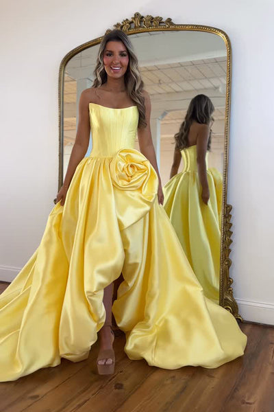 Gorgeous A Line Scoop Neck Daffodial Satin Prom Dress with Slit VK25121801