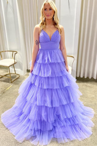 Lilac V Neck Ruffle Tiered Long Prom Dresses VK24011501
