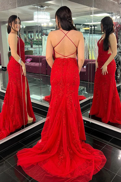 Mermaid V Neck Red Tulle Lace Long Prom Dresses with Slit VK24020704