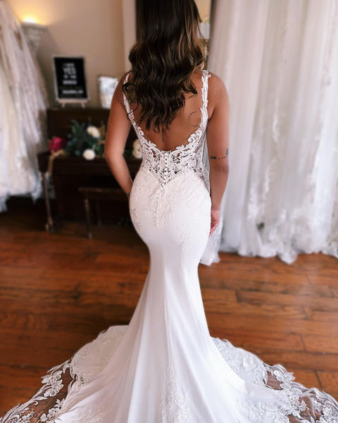 Elegant Mermaid V Neck Satin Wedding Dresses with Lace VK23060506