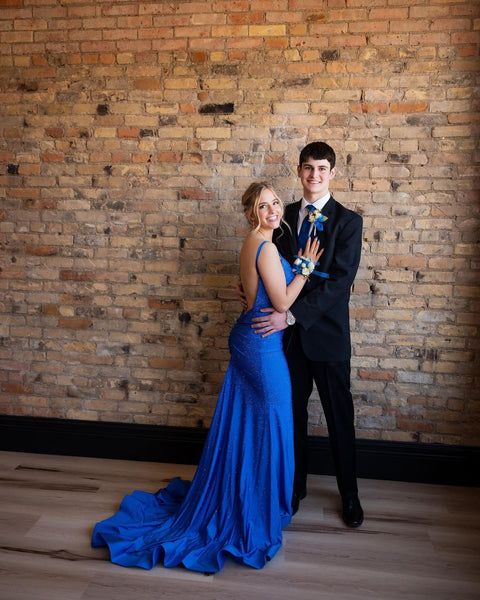 Charming Mermaid V Neck Royal Blue Satin Long Prom Dresses with Beading VK23050507