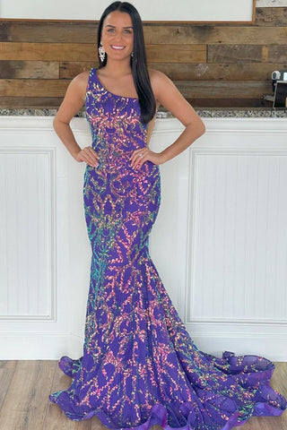 Purple One Shuolder Sequin Lace Mermaid Prom Dresses VK23121602