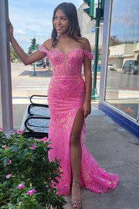 Pink Sequin Lace Off the Shoulder Mermaid Long Prom Dresses VK23112402