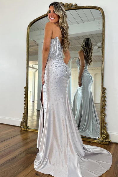 Gorgeous Mermaid Strapless Royal Blue Corset Beaded Prom Dresses with Slit VK26020508