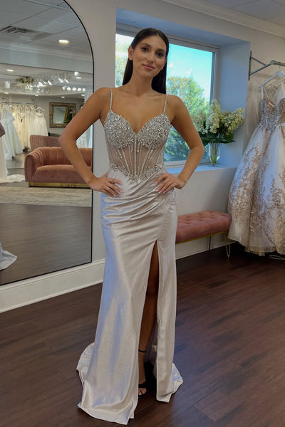 Mermaid V Neck Spaghetti Straps Silver Satin Corset Long Prom Dresses with Slit VK26011001