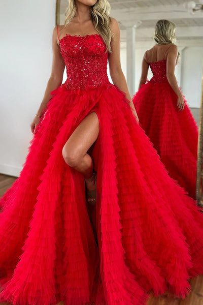 Sparkly Black Corset Spaghetti Straps Tulle A-Line Long Prom Dress with Slit VK23122008