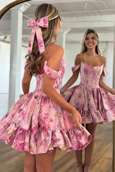 Lovely A-Line Off the Shoulder Pink Floral Printed Short Homecoming Dresses VK25092607