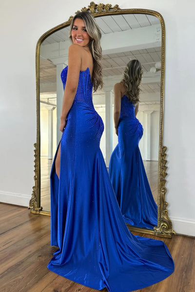 Gorgeous Mermaid Scoop Neck Hof Fix Satin Prom Dress with Slit VK16020606