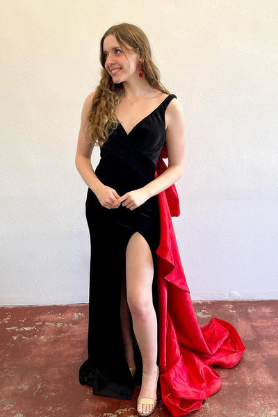 Mermaid V Neck Black Bow Back Long Prom Dresses with Slit VK24042503