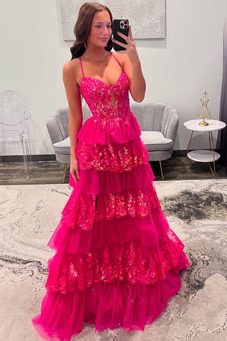 Cute A Line V Neck Hot Pink Tulle Prom Dress with Sparkly Appliques VK25012006