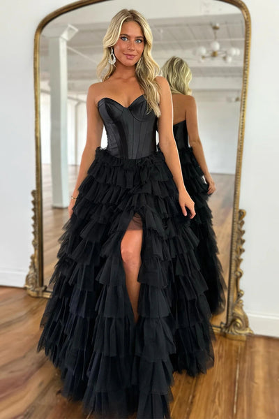 Black Corset Sweetheart A-Line Tiered Long Tulle Prom Dress with Slit VK23100610