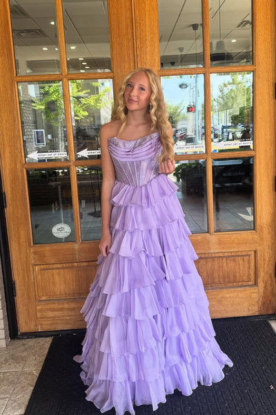 Gorgeous A Line Scoop Neck Lavender Tiered Chiffon Prom Dress VK25121007