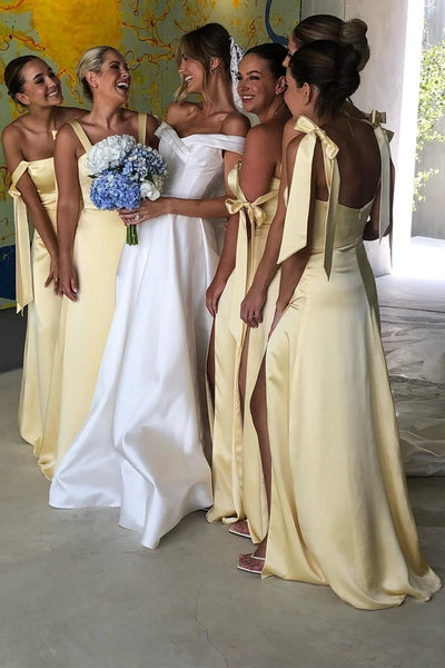 Cute Sheath Straps Yellow Satin Long Bridesmaid Dresses with Slit VK24111201