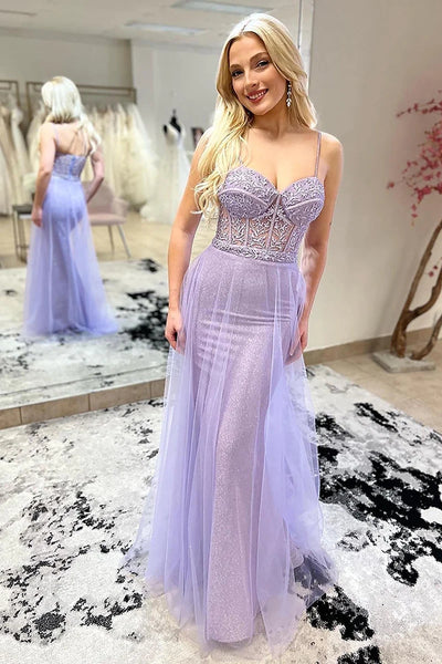 Lilac Sweetheart Sequins Long Prom Dresses with Appliques VK24012301