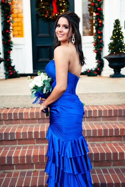 Cute Mermaid Sweetheart Royal Blue Tiered Prom Dress with Slit VK020104