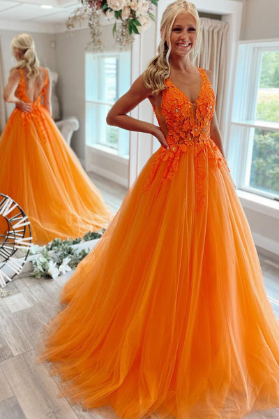 Orange A-Line V Neck Tulle Lace Long Prom Dresses VK23092505